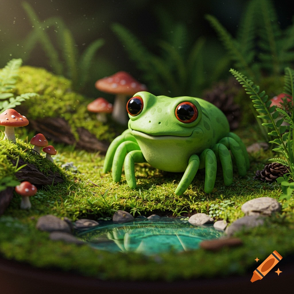 Clay model of a cute green frog-spider creature in a forest diorama with moss, mushrooms, and a small pond.