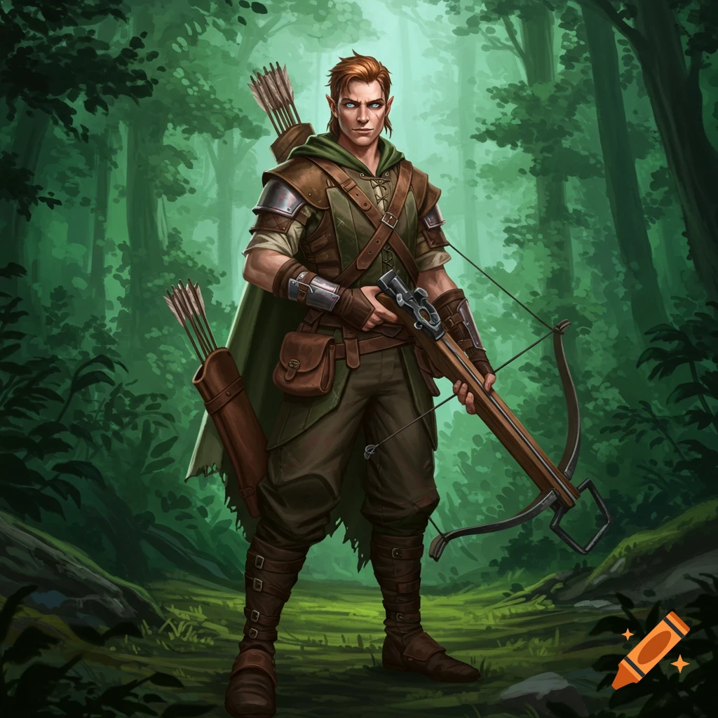 Fantasy ranger with crossbow and quiver standing in a forest, digital art.