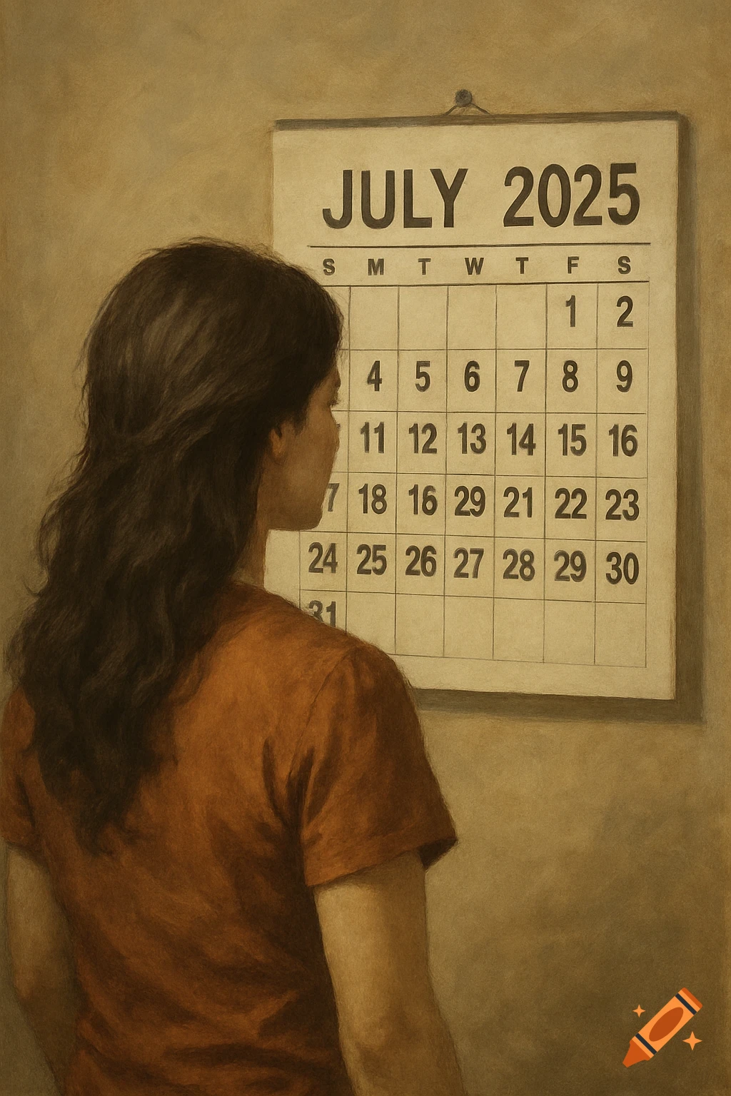 A woman views a July 2025 calendar hanging on a wall, in a painterly style.