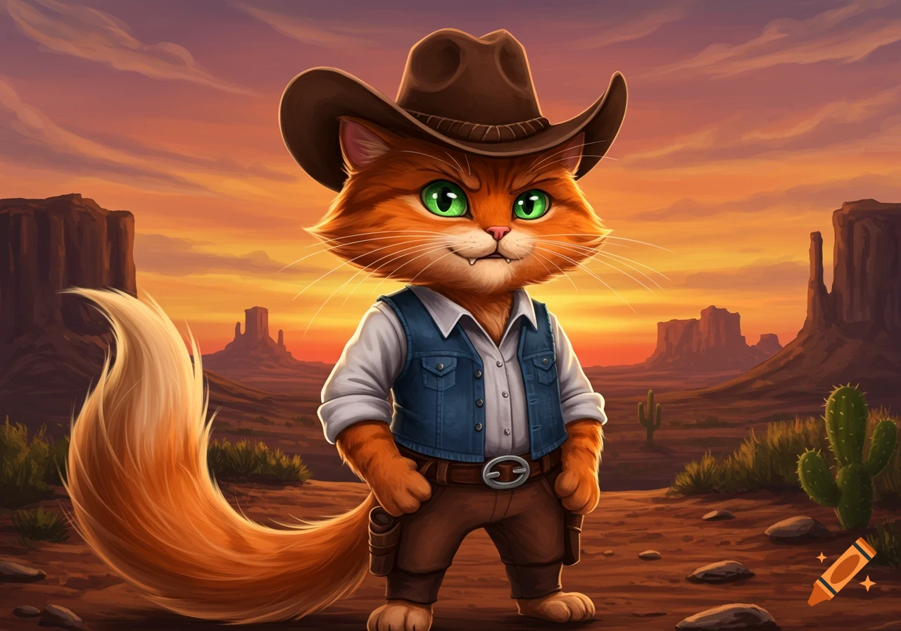 Cartoon-style orange cat dressed as a cowboy in a desert sunset