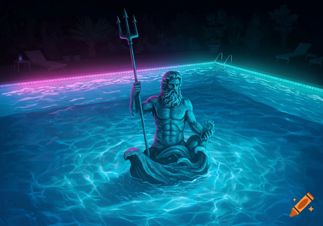 Statue of Poseidon in a neon-lit swimming pool at night.