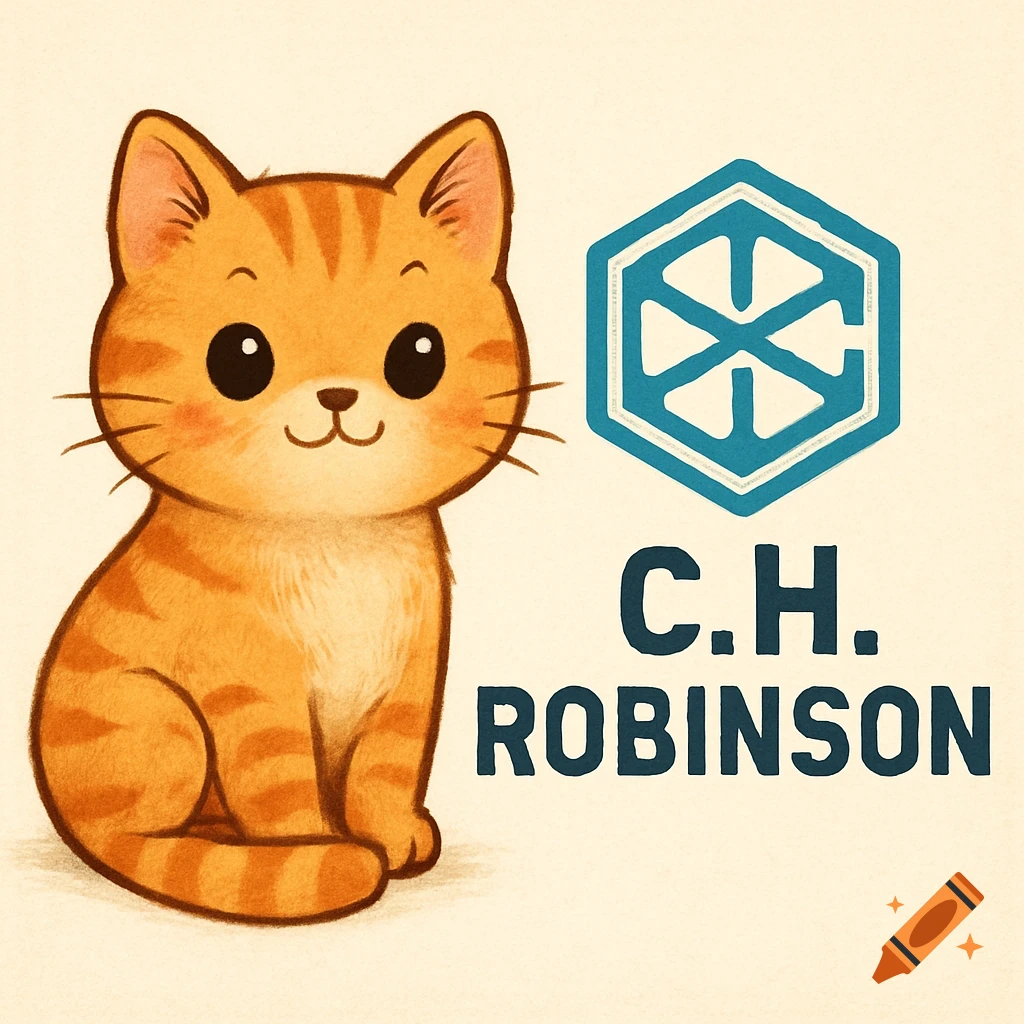 A cute cartoon orange cat sits next to a blue hexagon logo and the text C.H. ROBINSON