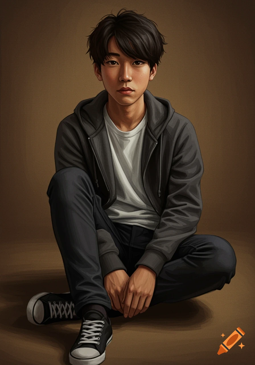 Digital illustration of a teenage boy in a hoodie and jeans sitting on the ground.