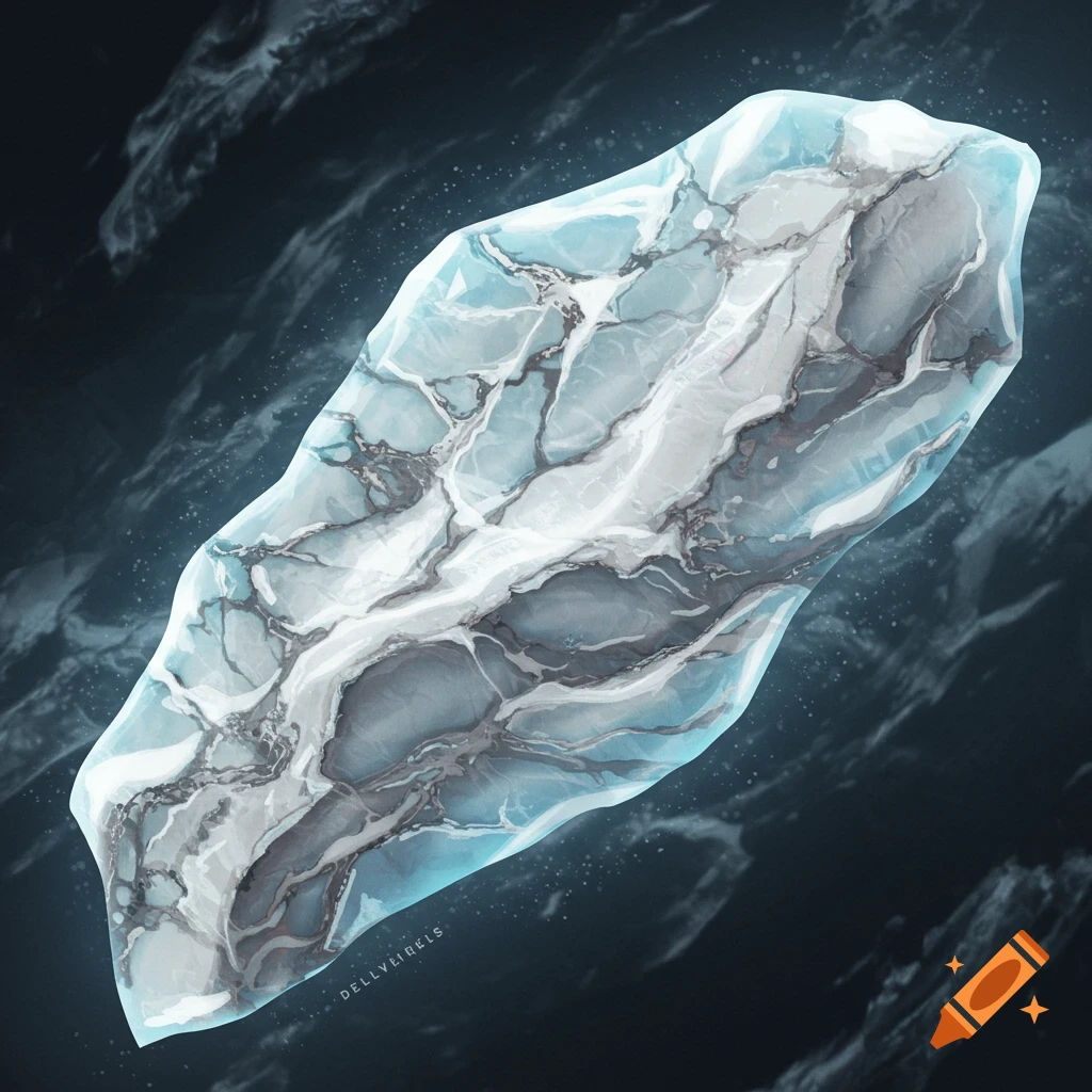 Abstract icy marbled object against a dark background.