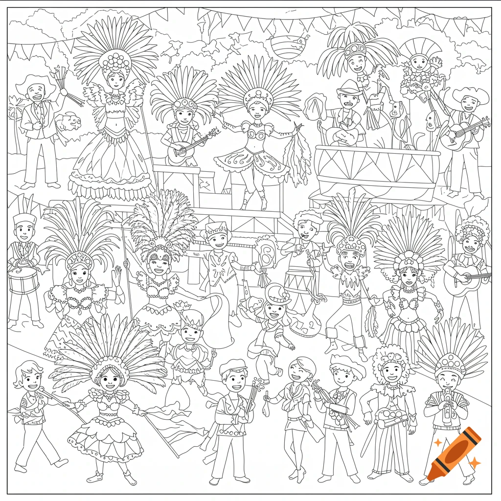 Black and white line art coloring page of a Brazilian carnival with many people in costumes dancing and playing music.