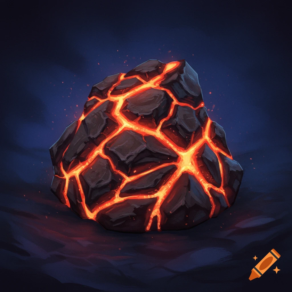A dark rock with glowing red lava-like veins on a dark background.