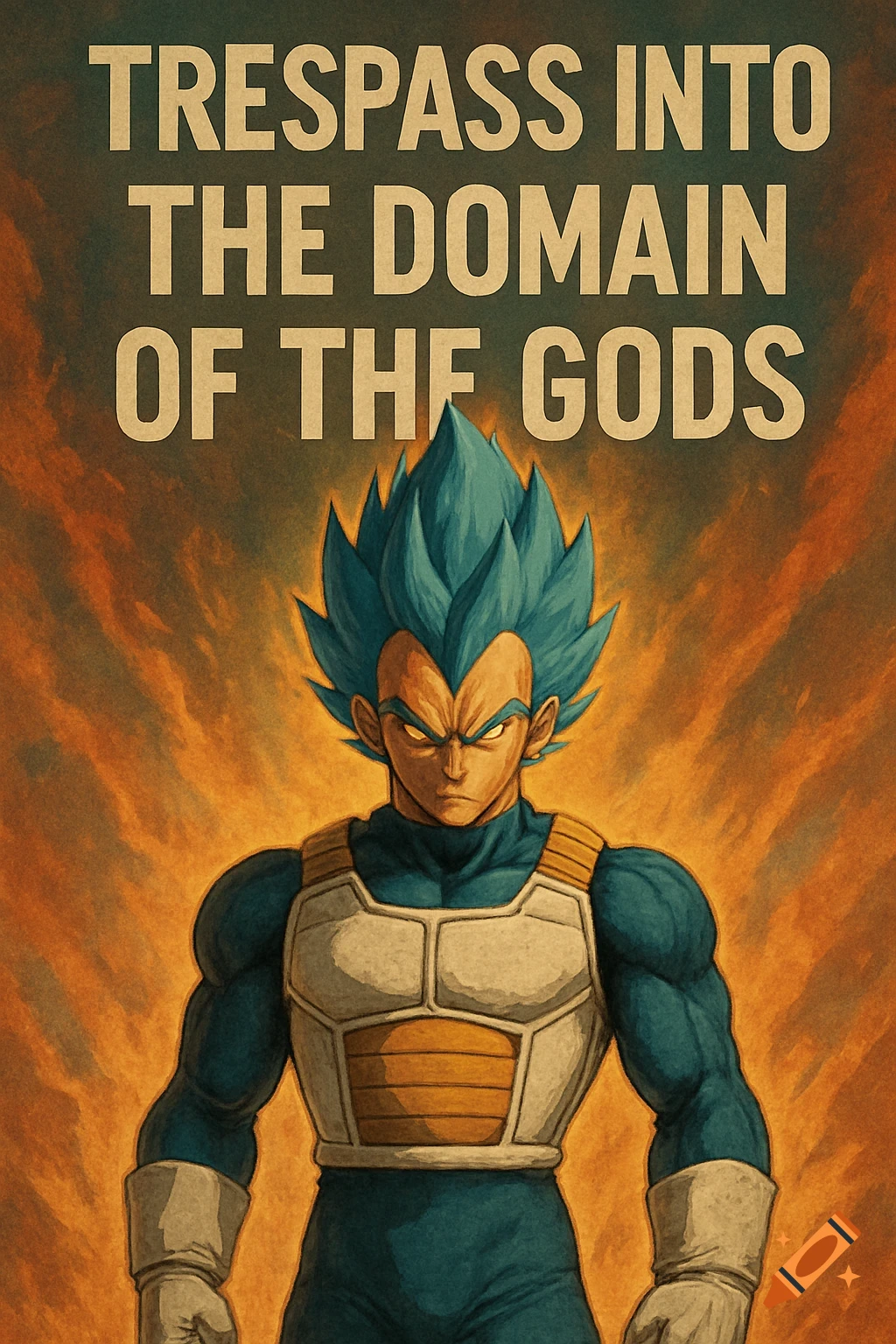 Vegeta from Dragon Ball Z in Super Saiyan Blue form, standing against a fiery background with text.