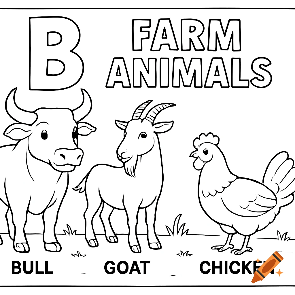 Black and white coloring page with the letter B and text "FARM ANIMALS" above illustrations of a bull, goat, and chicken, labeled below.