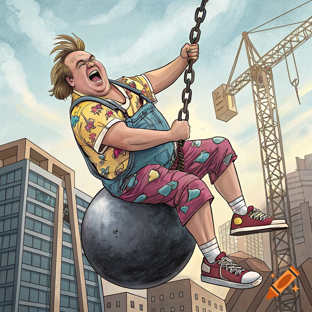Cartoon illustration of a man resembling Chris Farley riding a wrecking ball through a city