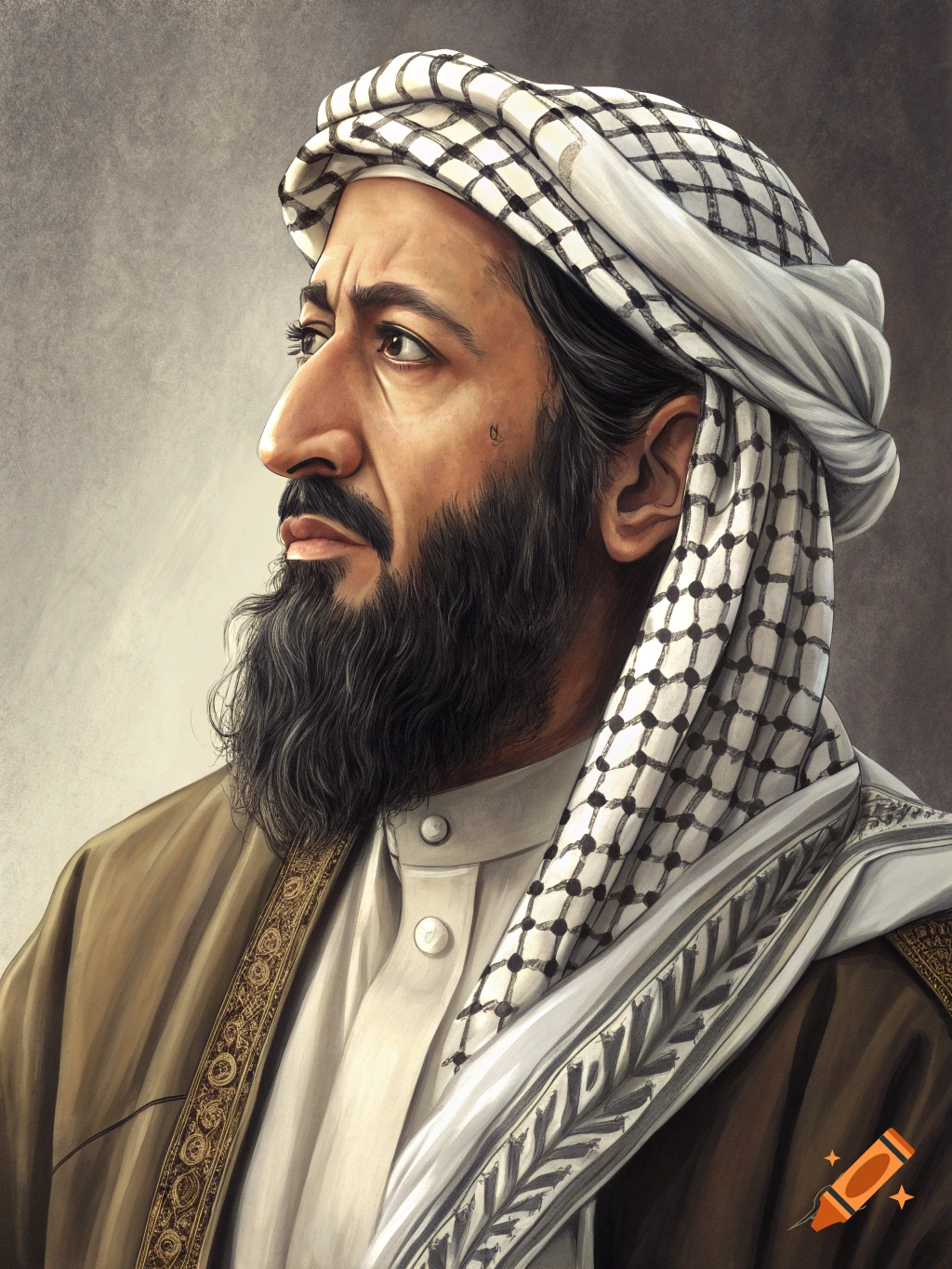 Portrait of Osama bin Laden wearing traditional attire in an illustrative style.
