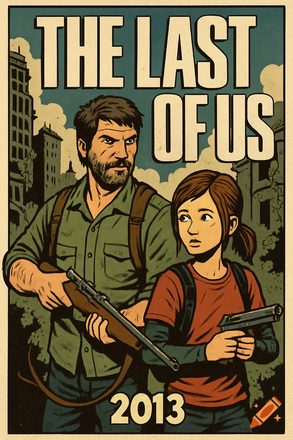 Comic art poster for The Last of Us video game featuring Joel and Ellie