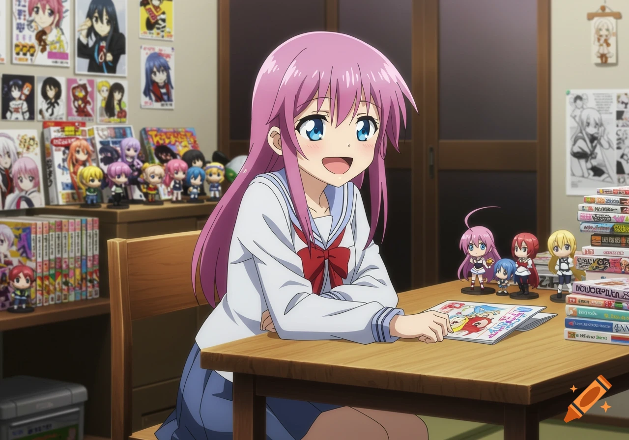 Smiling anime girl with pink hair and blue eyes in a school uniform sits at a desk surrounded by anime merchandise.