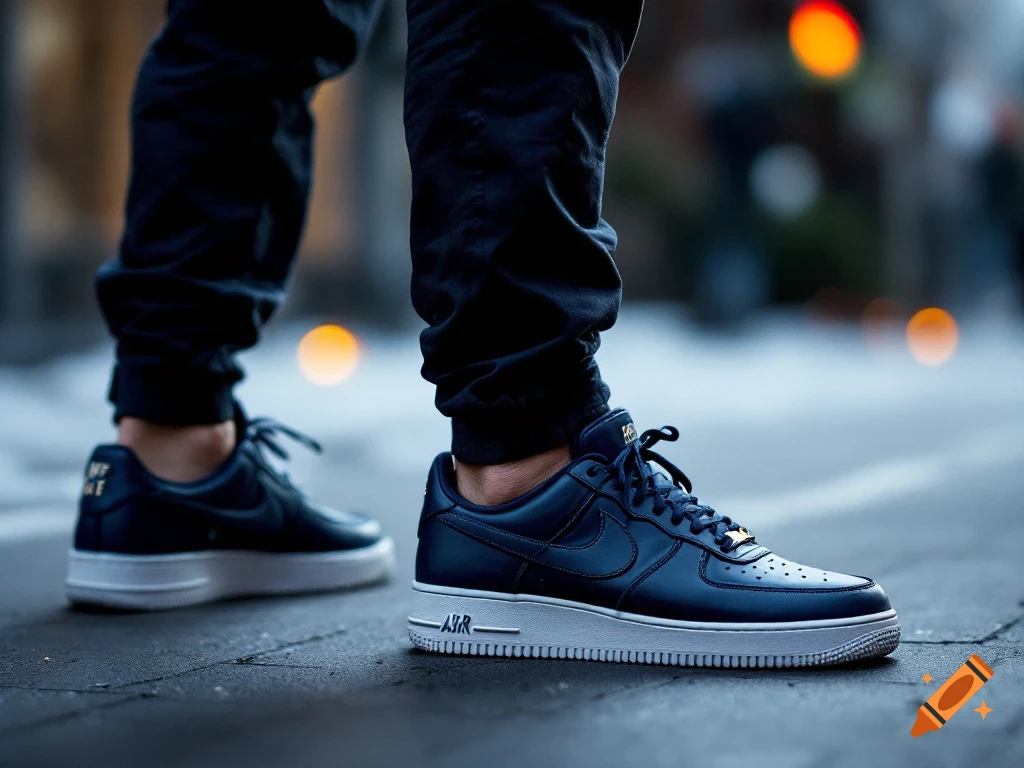 Close-up of person wearing dark blue Nike Air Force 1 sneakers on pavement.