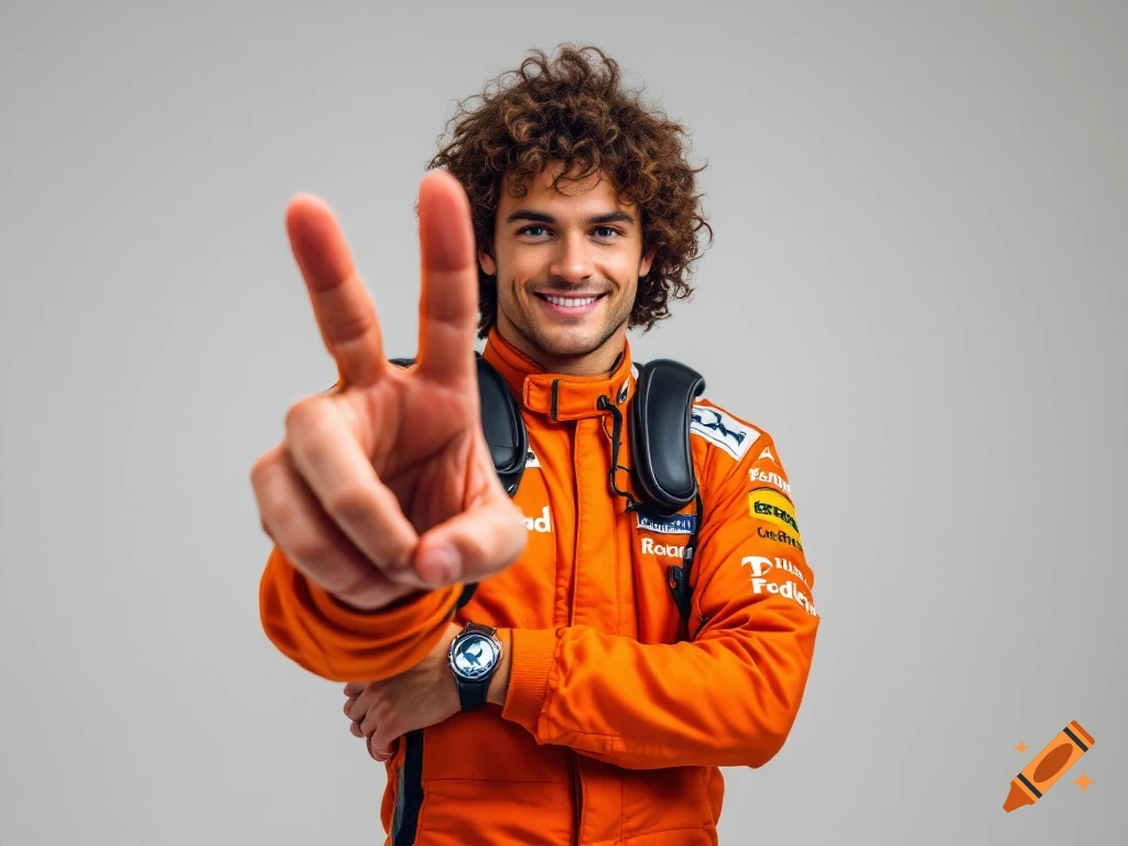 Lando Norris in orange racing suit holding up a peace sign.