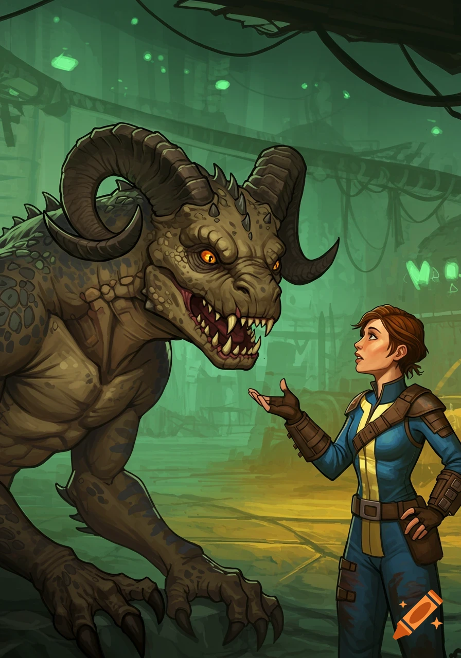 A Fallout Deathclaw and a Vault Dweller face each other in a digital illustration.