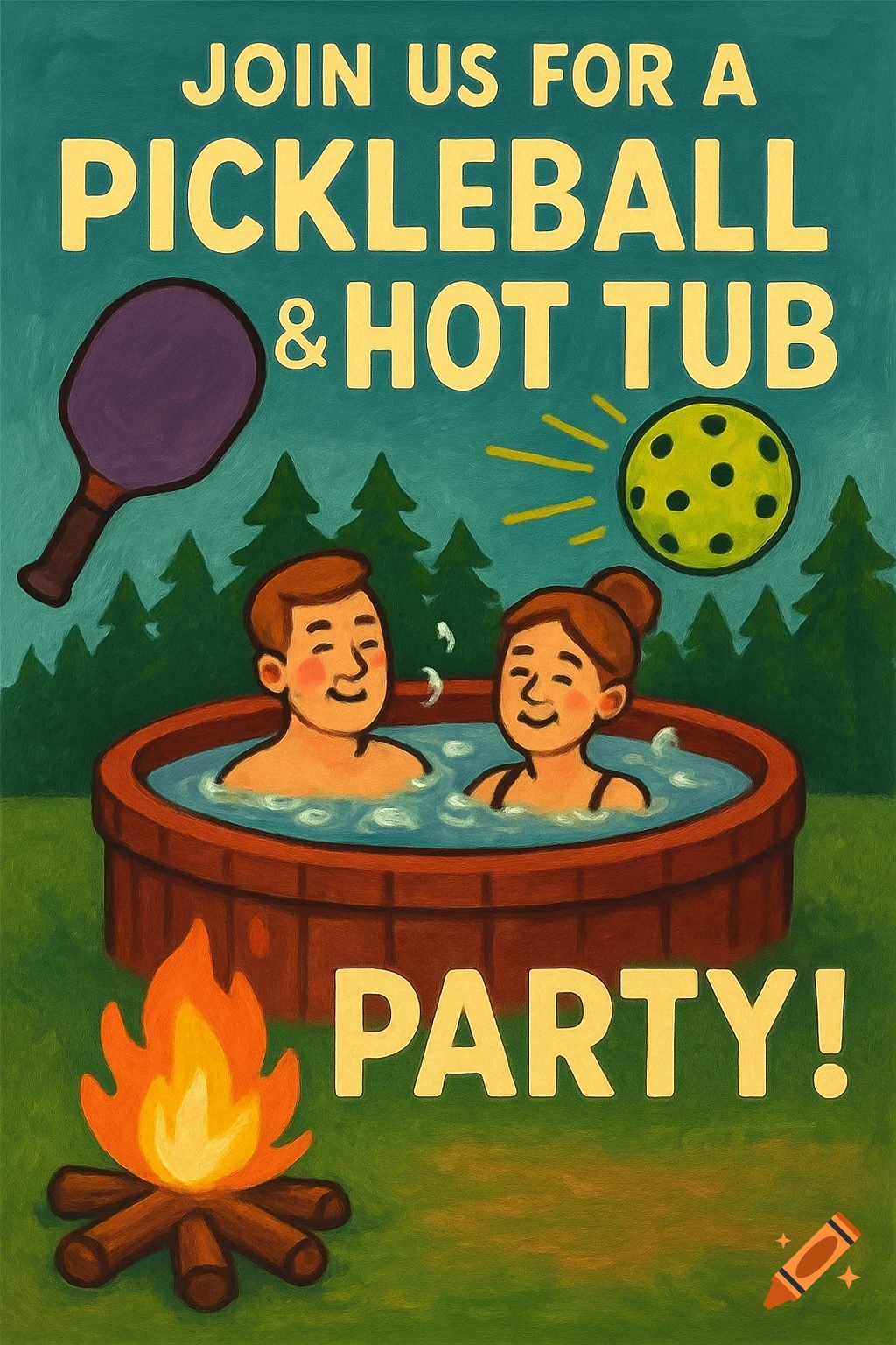 Stylized illustration of an invitation for a pickleball and hot tub party. Shows two people in a hot tub, a pickleball paddle and ball, and a campfire.