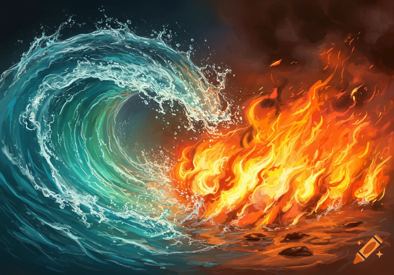 A large wave of blue water crashes against a wall of orange flames in a dynamic illustration.
