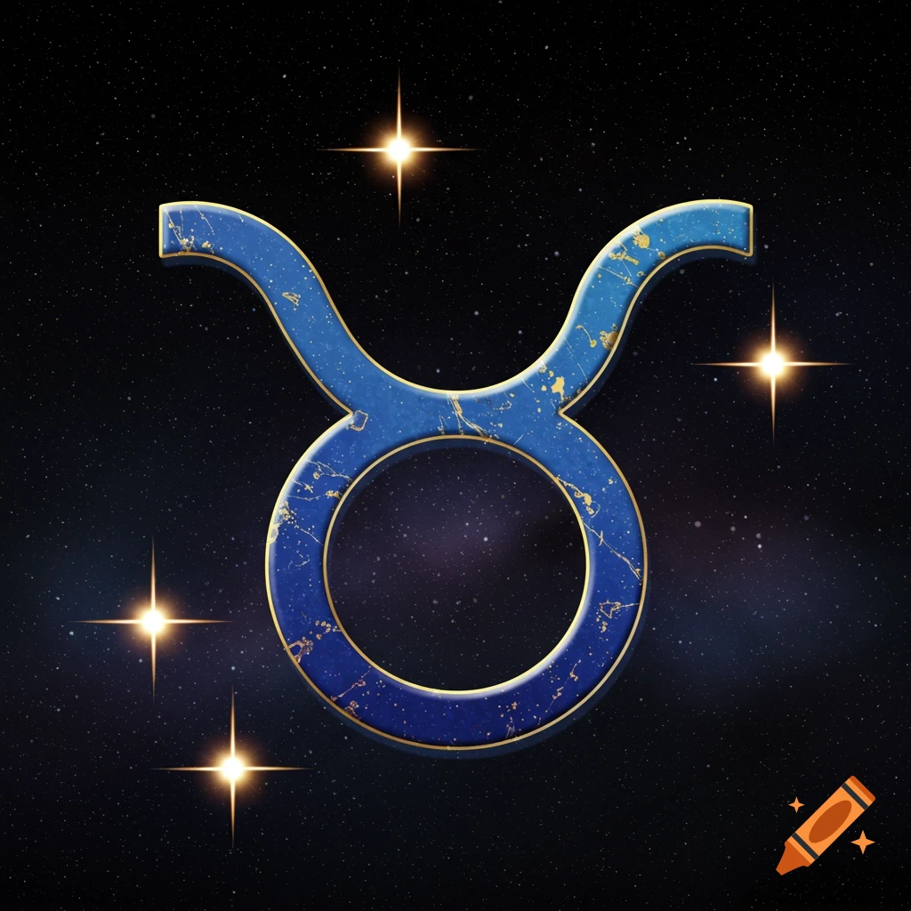 Blue and gold Taurus astrological symbol against a starry space background