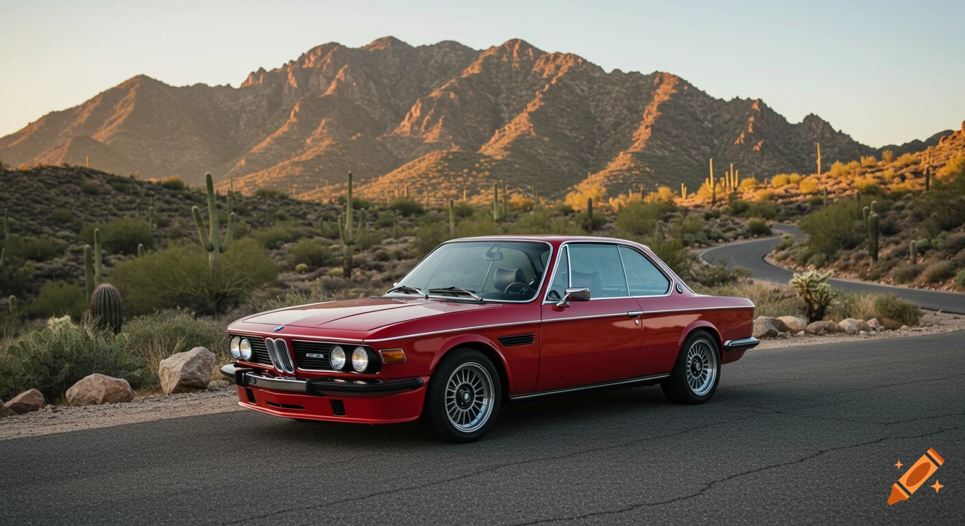 A red classic BMW is parked on a road in a desert landscape with mountains and saguaro cacti.