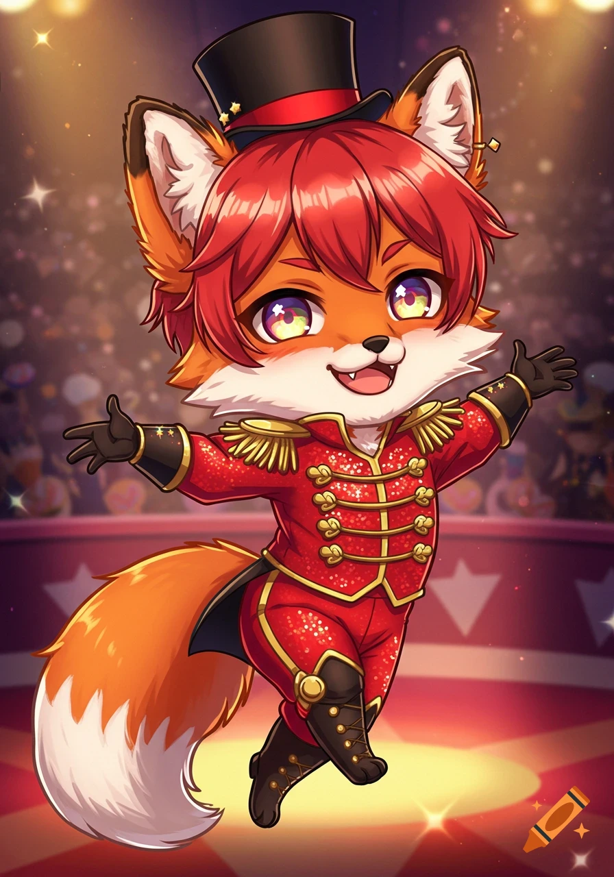 Cute anime style fox character dressed as a circus ringmaster poses on a stage.