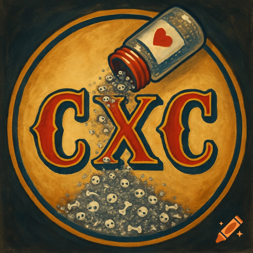 A circular logo with large red and yellow letters CXC, onto which stylized cartoon skulls and bones are being poured from a shaker bottle with a heart label. The background is a yellow circle with blue borders.