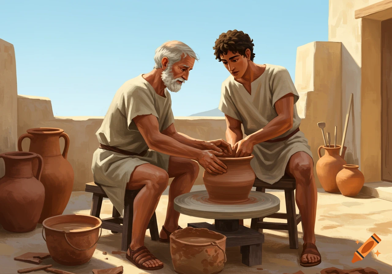 Two men in ancient clothing making pottery outdoors.