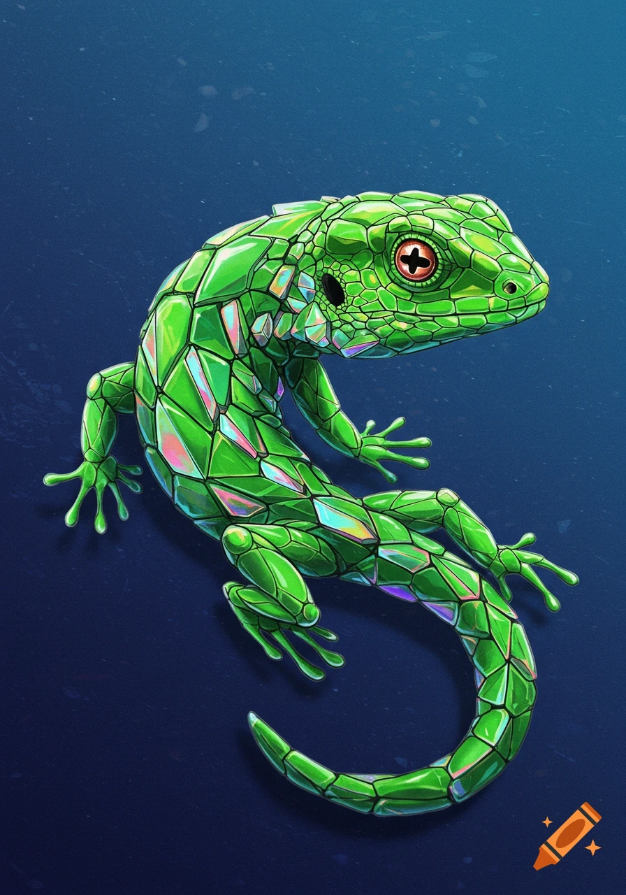 A green lizard with faceted glass scales on a dark background.