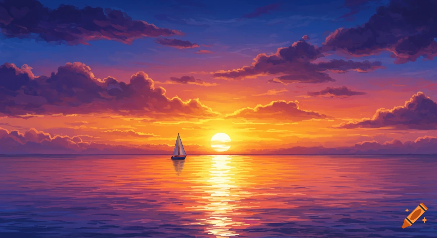 Stylized digital painting of a sailboat on the ocean at sunset. The sun reflects brightly on the water.