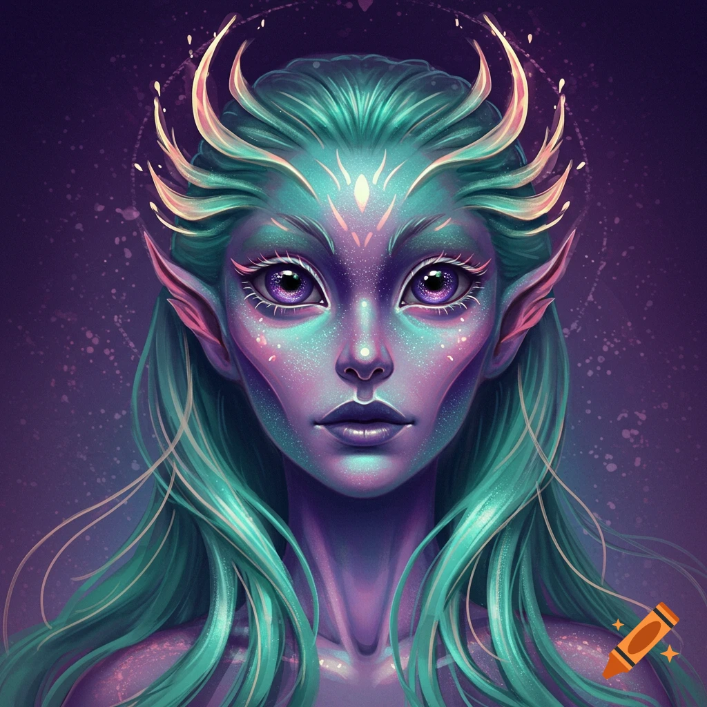 A stylized portrait of an alien with purple skin, large purple eyes, horns, and flowing teal hair.