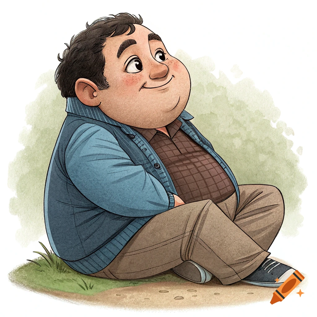 Cartoon illustration of a cheerful man sitting down, looking up