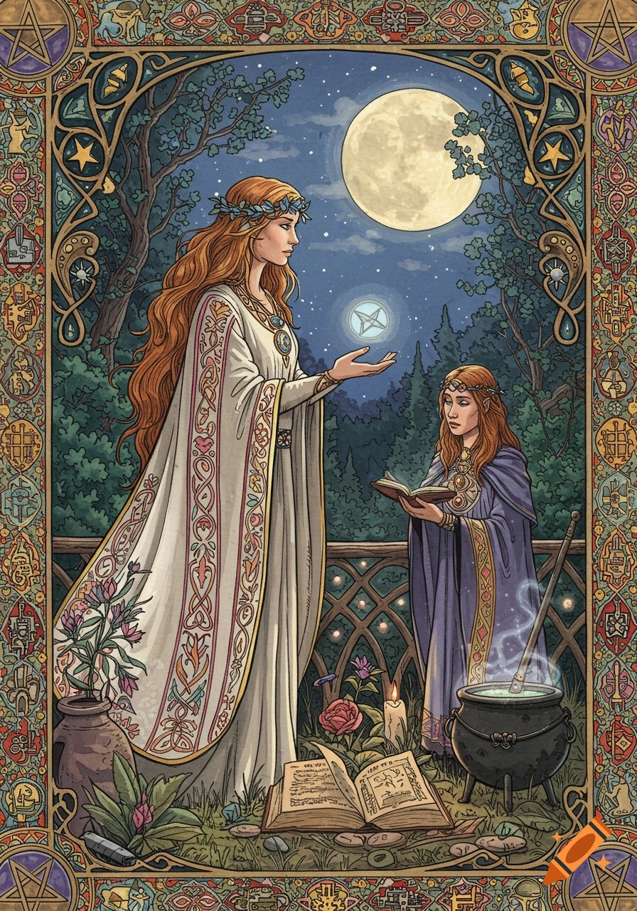 Two women performing a ritual with books and cauldron under a full moon, framed by an ornate border.