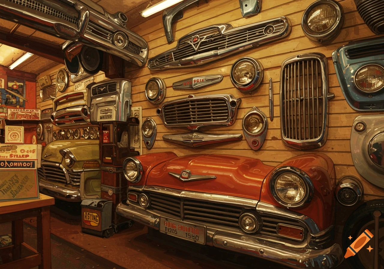 Classic car parts displayed in a cluttered shop, including grilles, headlights, and fenders