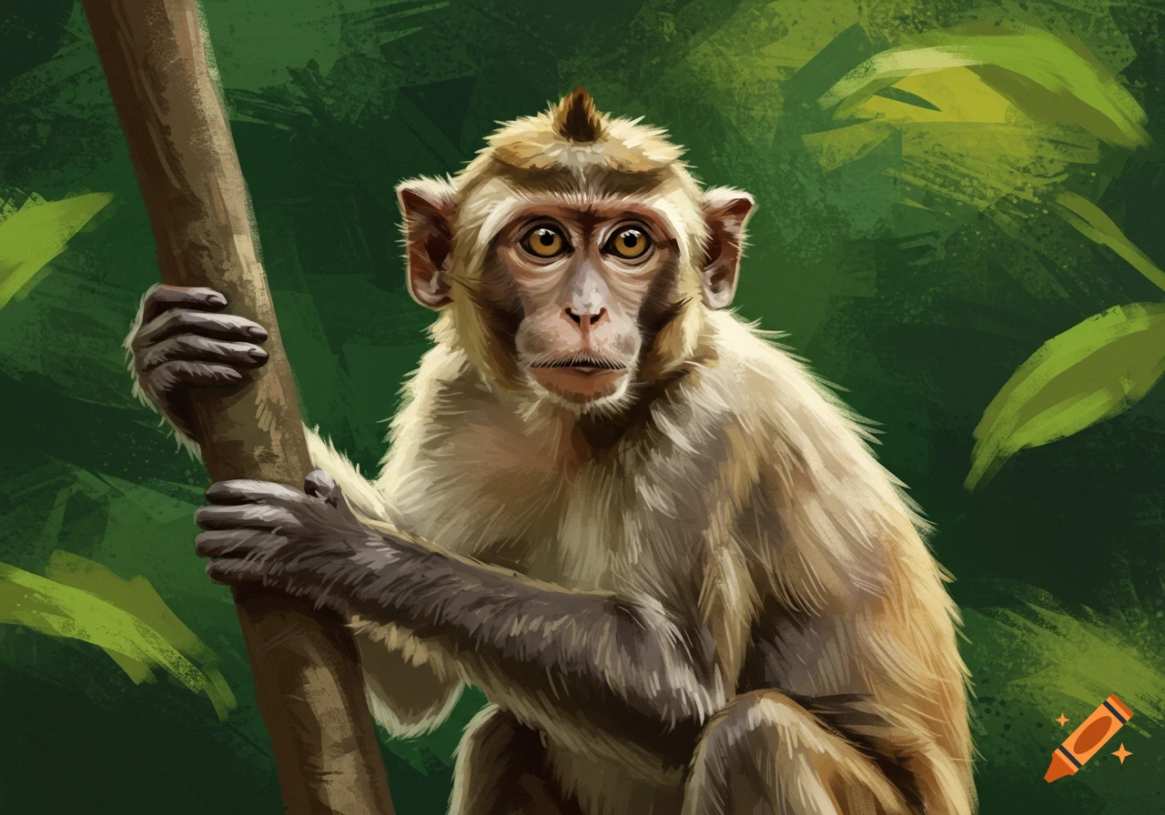 Digital painting of a monkey sitting on a tree branch in a forest.