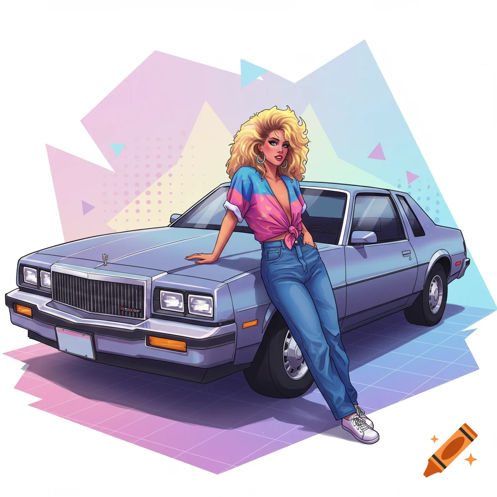 Illustration of a woman with big blonde hair leaning on a vintage car with a retro background.