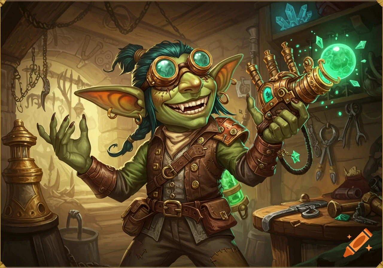 A grinning goblin artificer in goggles and leather holds a glowing device in a workshop.