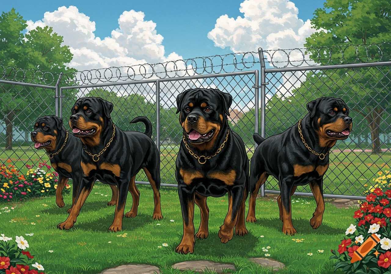 Four Rottweilers stand in a fenced yard with flowers and trees. on Craiyon
