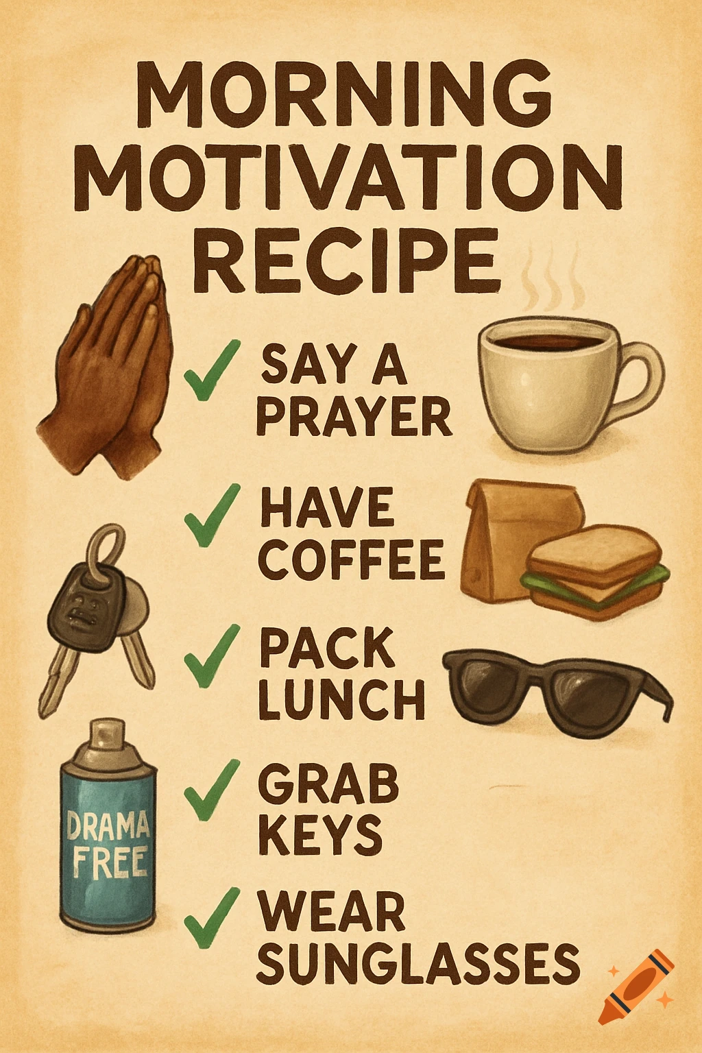 Illustrative checklist 'Morning Motivation Recipe' with icons for prayer, coffee, lunch, keys, sunglasses, and drama free spray.