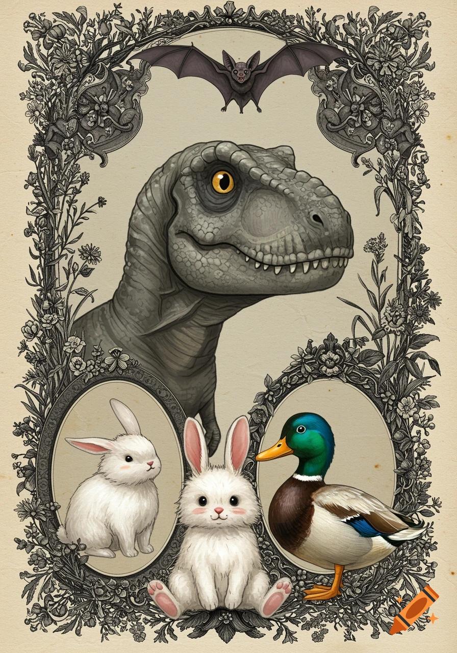 Black and grey illustration of a T-Rex head, bat, bunnies, and a duck in a vintage gothic frame.