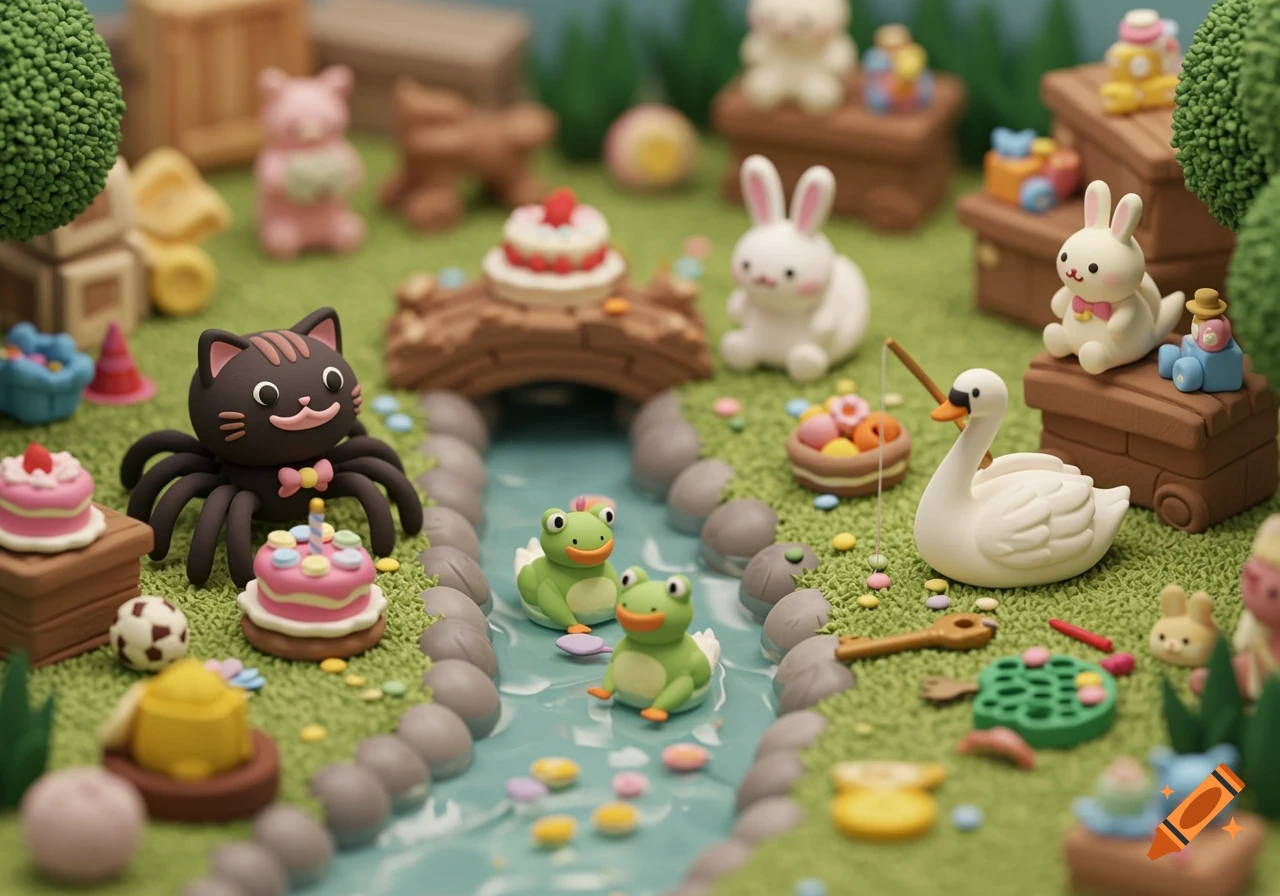 A detailed clay diorama of cute animals including a cat spider, rabbits, frogs, and a swan with cakes and toys in a grassy area around a stream.