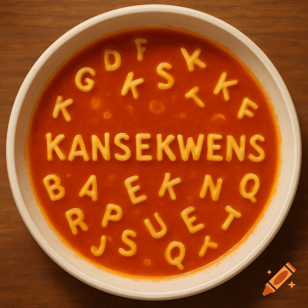 Overhead view of a bowl of alphabet soup spelling KANSEKWENS with extra letters floating.
