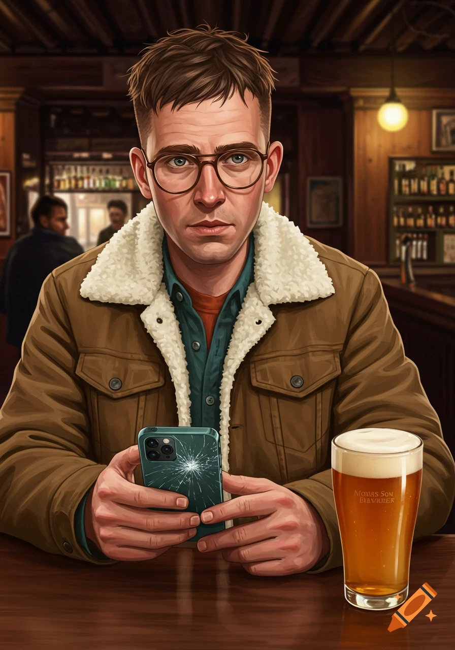 Man in glasses and brown jacket sitting at a bar holding a cracked phone next to a beer.