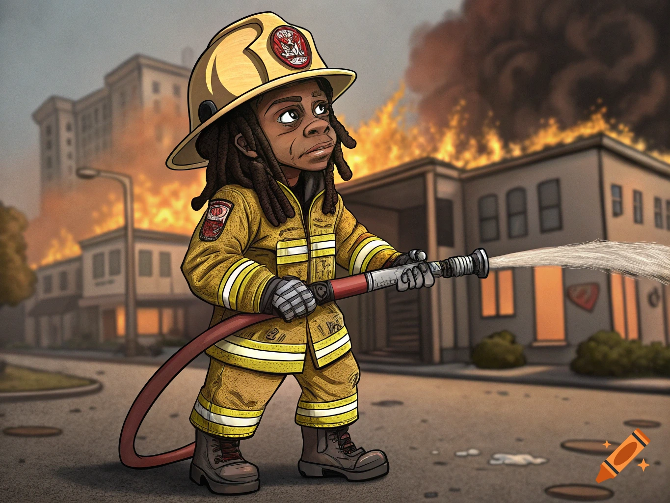 Cartoon of a person resembling Lil Wayne as a fireman fighting a fire with a hose.