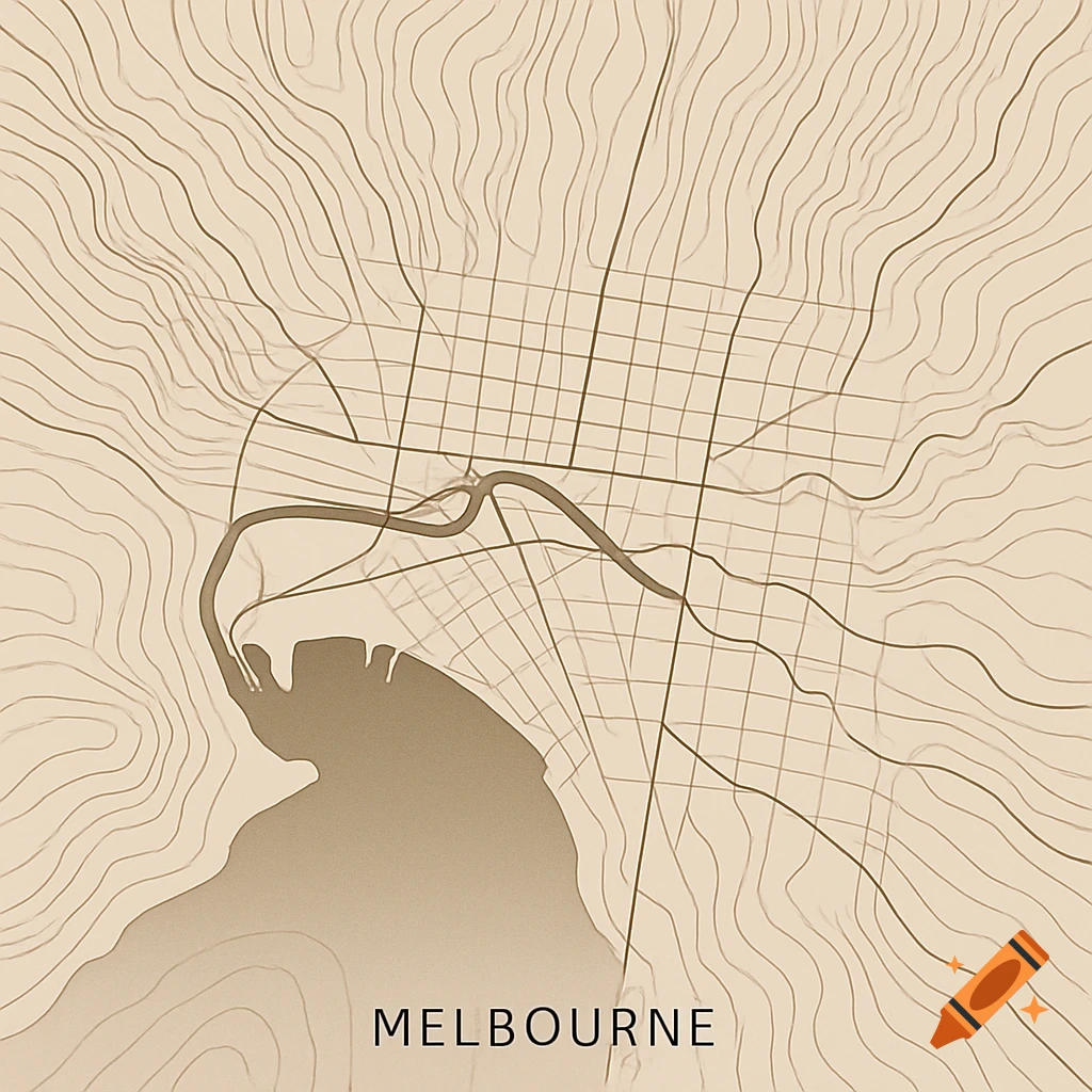 A minimalist topographic map of Melbourne.