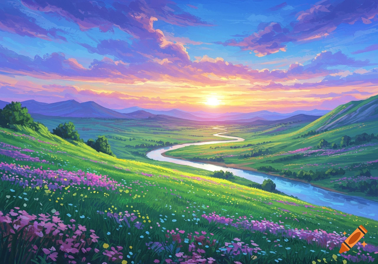 Vibrant anime style landscape of a green valley, winding river, mountains, and a colorful sunset sky.