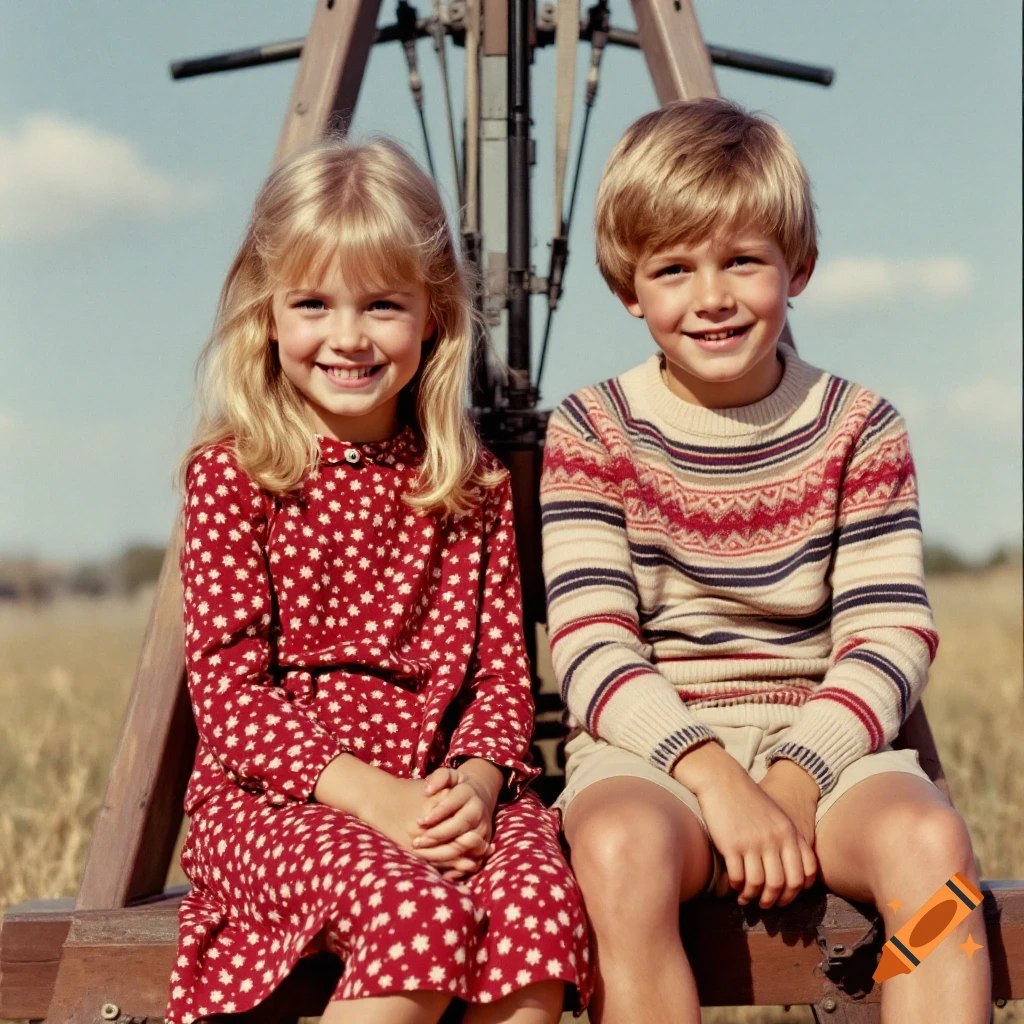 1960s photo of two smiling blonde children sitting side-by-side outside.
