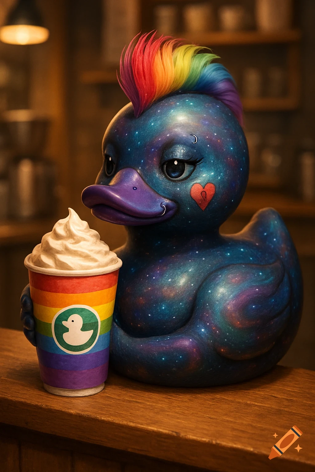 Galaxy-themed rubber duck with rainbow mohawk holds a coffee cup in a coffee shop.