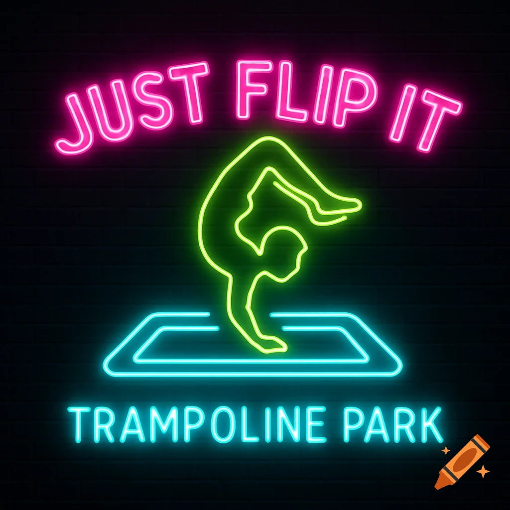 Neon sign logo for Just Flip It Trampoline Park with a person doing a flip.