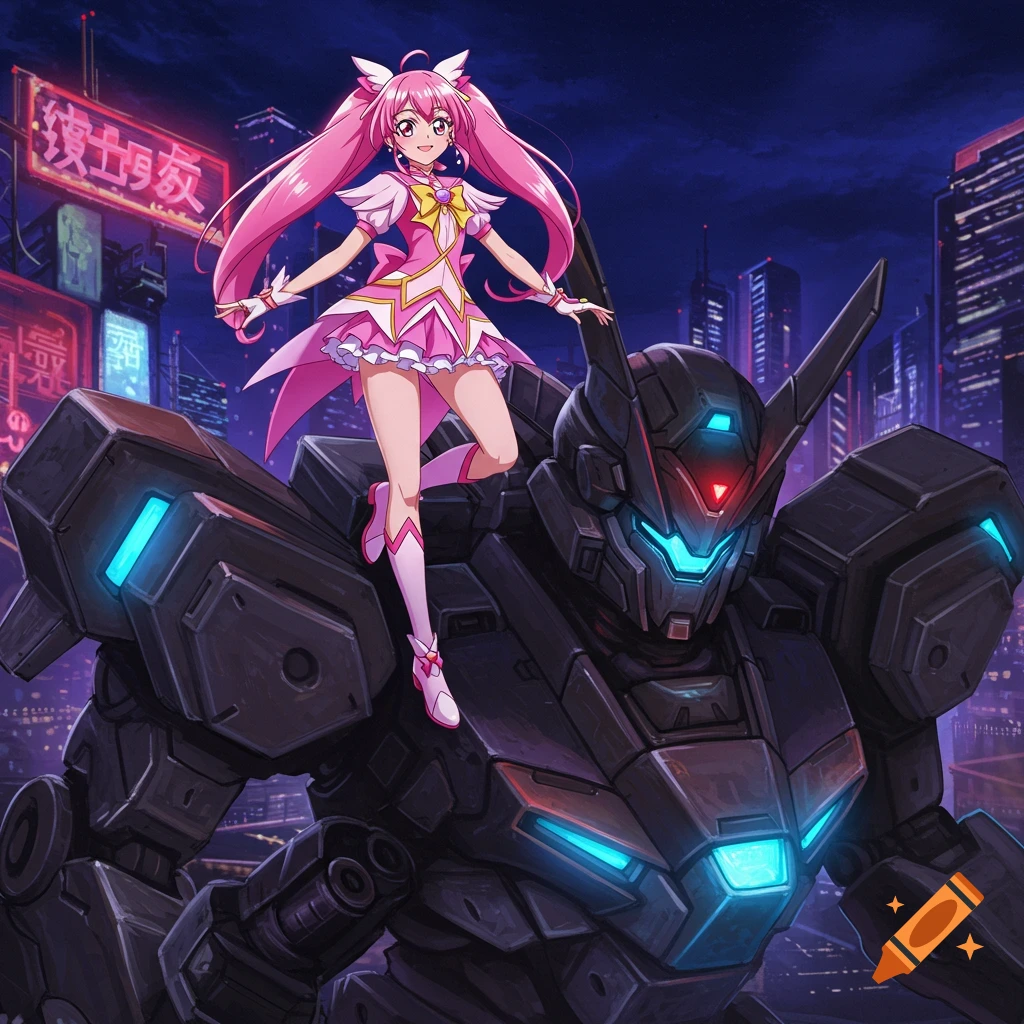 Anime girl standing on a battlemech in a city at night.