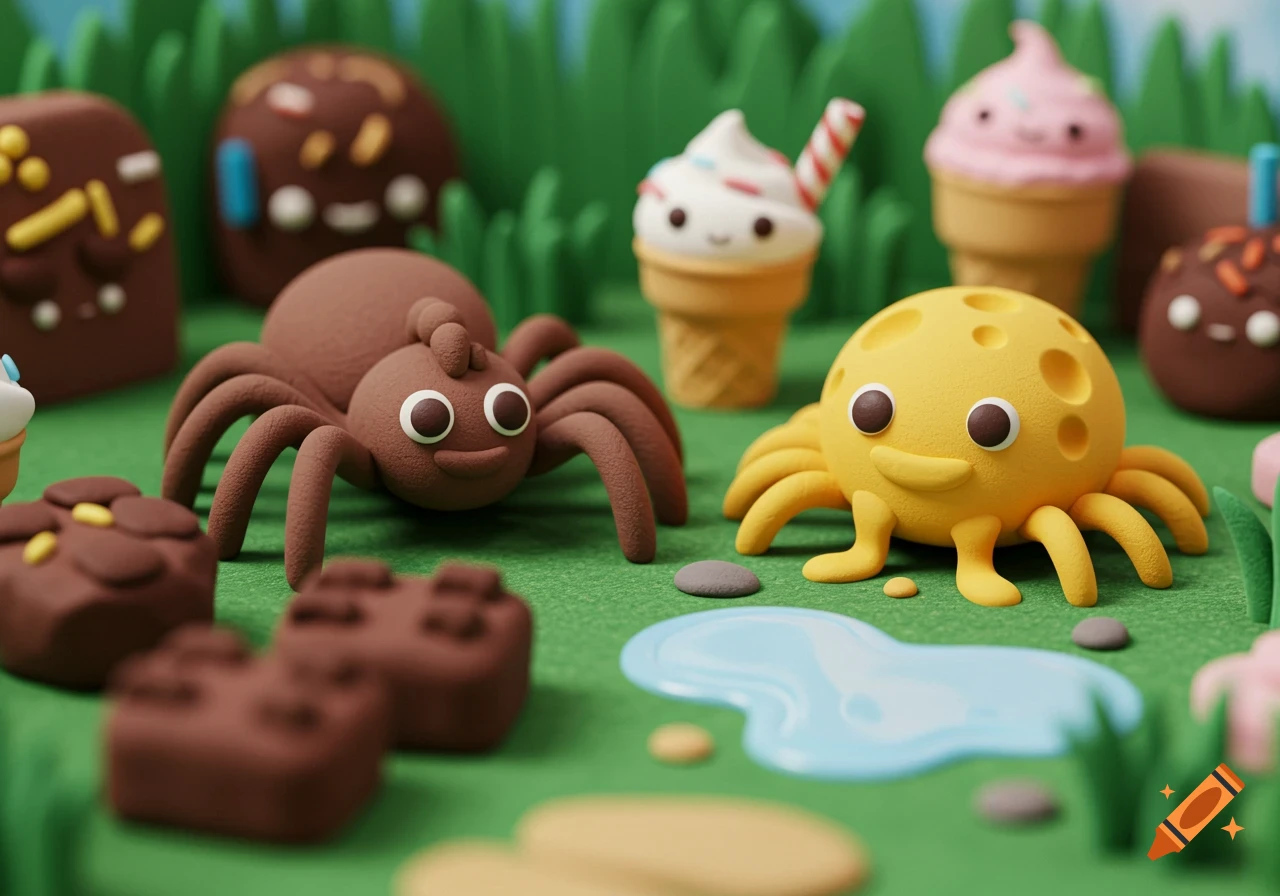 Claymation diorama of happy brown spider, yellow cheese spider, ice cream cones, and brownies on grass.