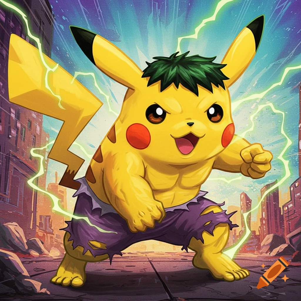 A muscular Pikachu with torn shorts and green hair stands in a damaged city